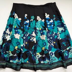 Alfani Petite 100% Silk Floral A-Line Skirt Black Teal Blue Size 10P